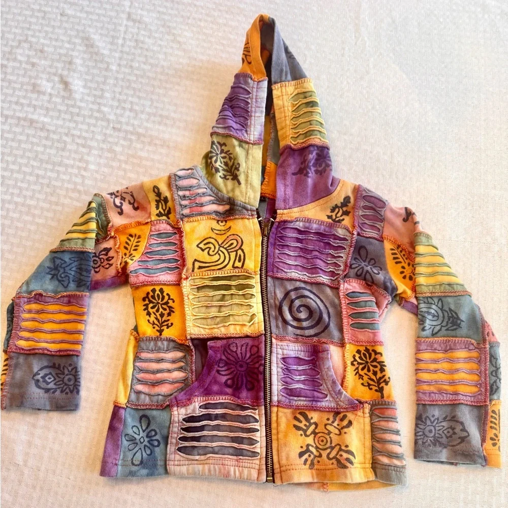 Kids Patchwork Hoodie Jacket Boho‎ Festival Hippie Zip Up Size 4